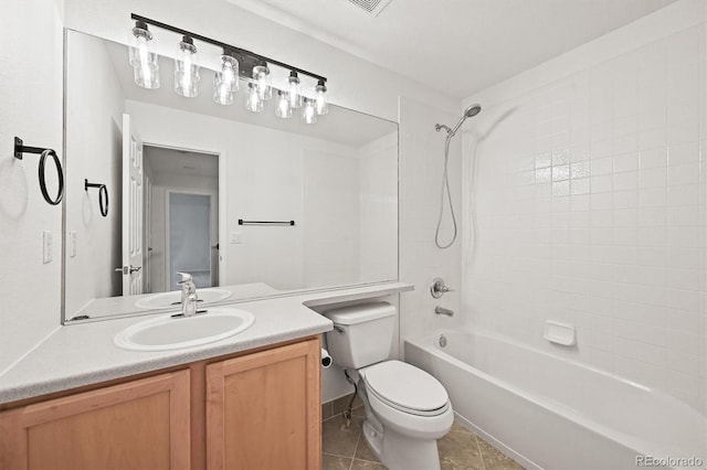 10235 Rustic Redwood Ln, Highlands Ranch, CO 80126 - full bath featuring toilet, shower / washtub combination, vanity, and tile patterned floors