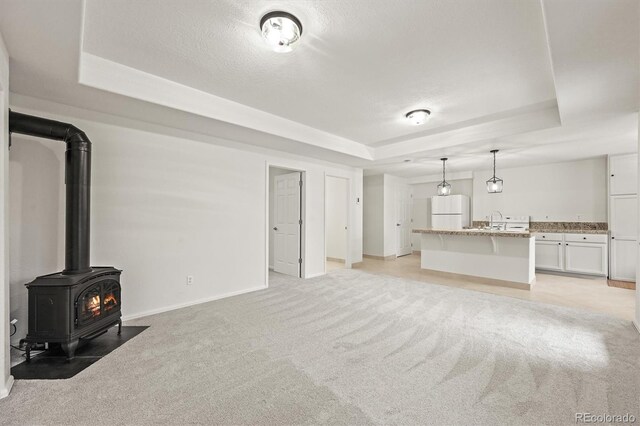 10235 Rustic Redwood Ln, Highlands Ranch, CO 80126 - unfurnished living room with a raised ceiling, a wood stove, light colored carpet, baseboards, and a sink