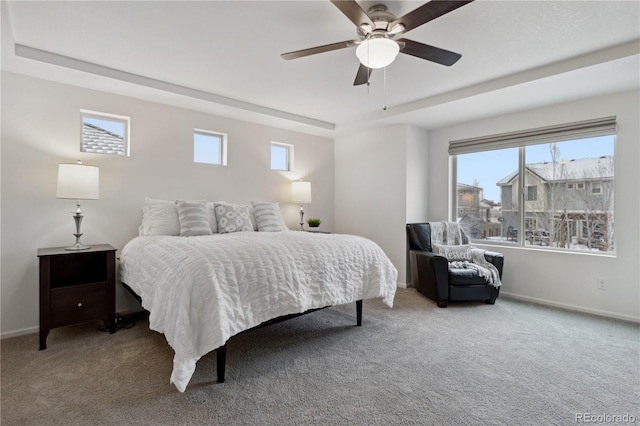 bedroom featuring a tray ceiling, ceiling fan, and carpet