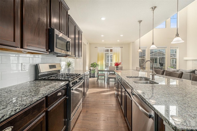 kitchen featuring a sink, plenty of natural light, stainless steel appliances, and dark wood finished floors