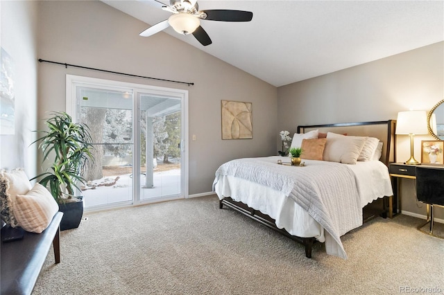 carpeted bedroom featuring lofted ceiling, ceiling fan, and access to outside