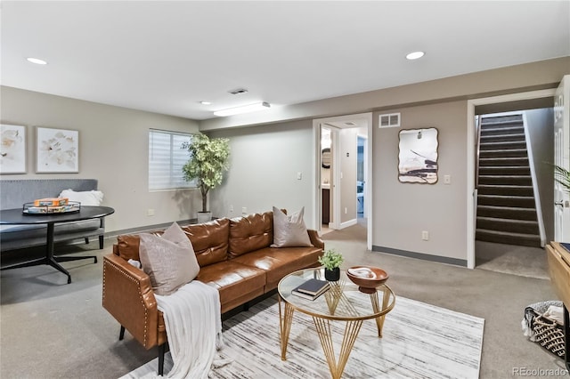 living room with light carpet