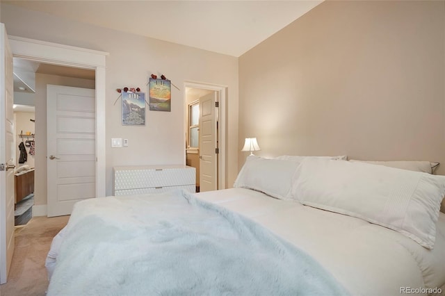 bedroom featuring light colored carpet