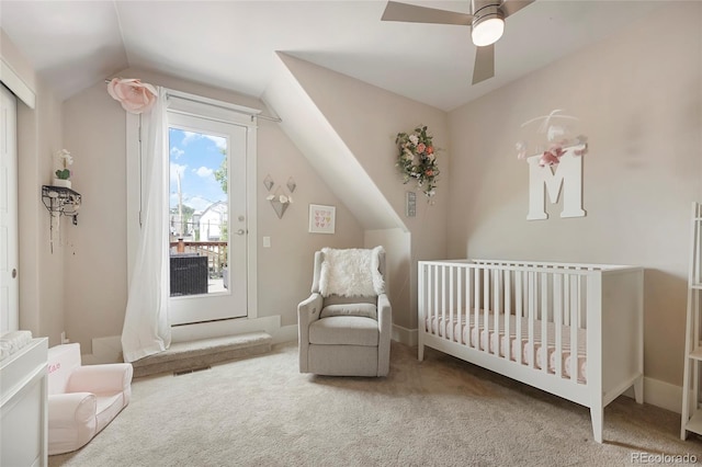 bedroom with lofted ceiling, carpet floors, and ceiling fan