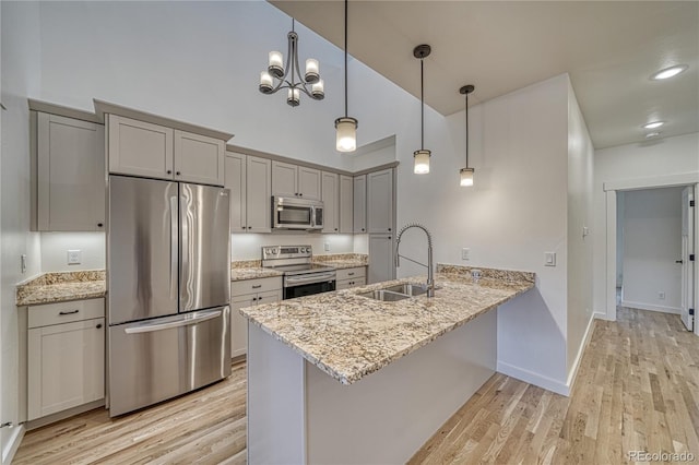 kitchen with stainless steel appliances, hanging light fixtures, light wood-type flooring, sink, and kitchen peninsula