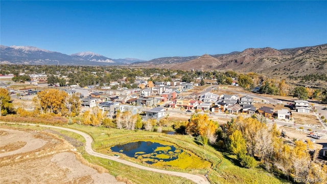 bird's eye view with a water and mountain view