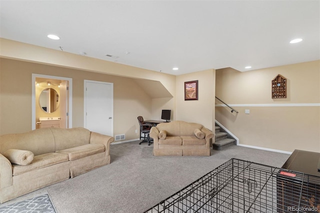 5220 Topaz Dr, Colorado Springs, CO 80918 - living area featuring carpet floors, recessed lighting, baseboards, and stairway