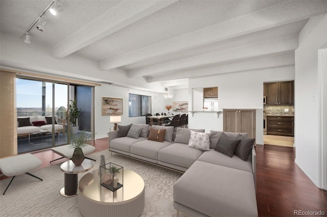 living room featuring hardwood / wood-style flooring, beam ceiling, a textured ceiling, and rail lighting