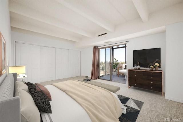 carpeted bedroom with beam ceiling