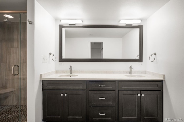 bathroom featuring vanity and a shower with shower door