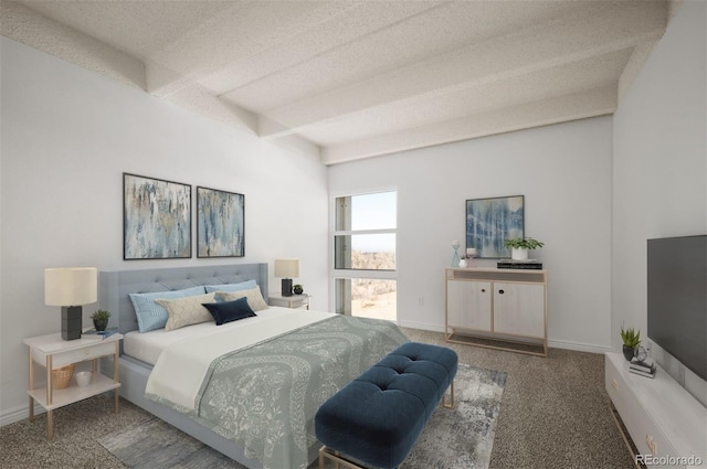 carpeted bedroom featuring a textured ceiling