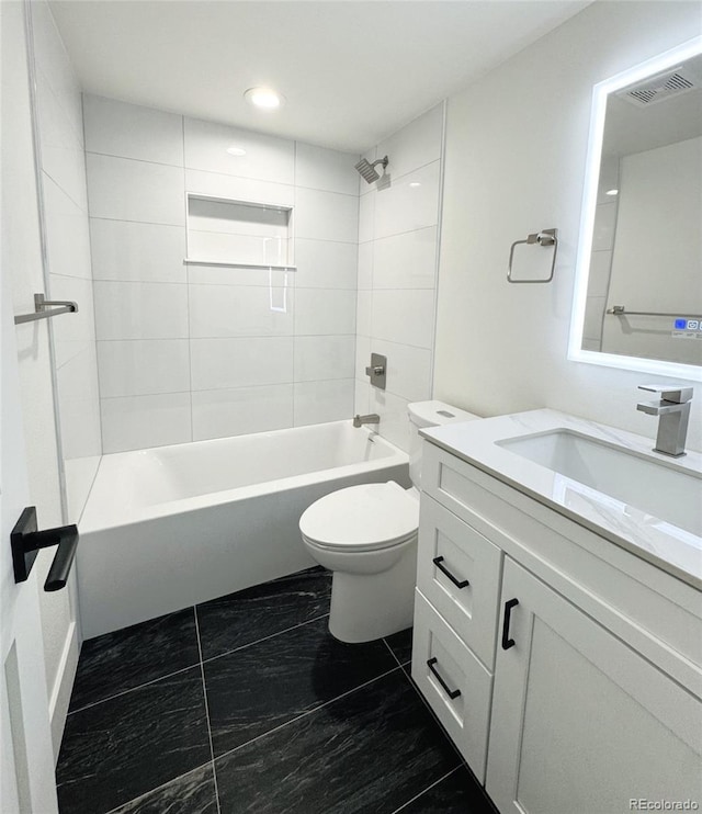 714 Sedge Way, Lafayette, CO 80026 - bathroom featuring vanity, toilet, shower / bathtub combination, and recessed lighting