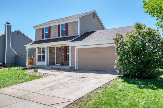 714 Sedge Way, Lafayette, CO 80026 - view of front of property with a garage, concrete driveway, a front lawn, a shingled roof, and brick siding
