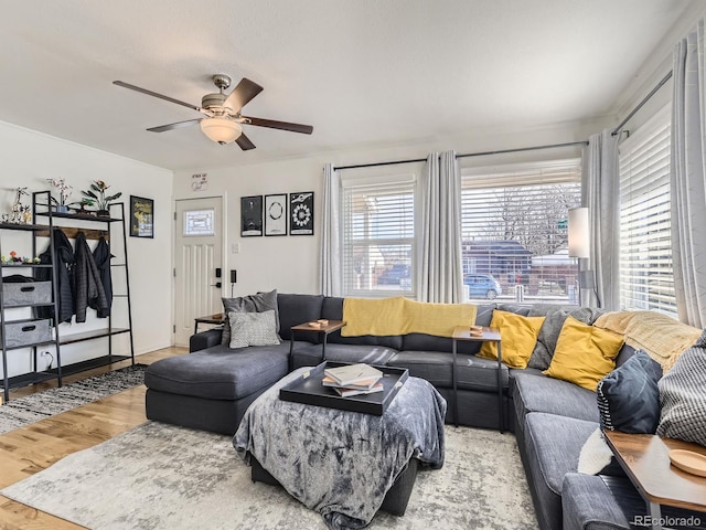 living room with hardwood / wood-style floors and ceiling fan