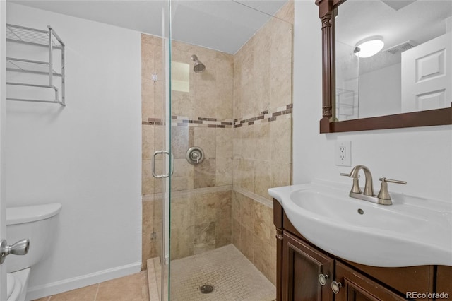 bathroom with toilet, vanity, tile patterned floors, and a shower with door