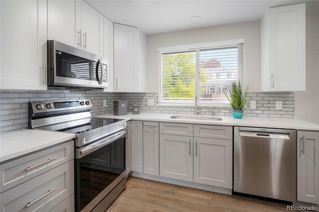 kitchen with backsplash, white cabinetry, sink, and appliances with stainless steel finishes