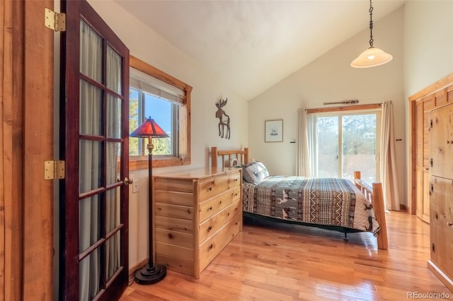 bedroom featuring light wood-type flooring, vaulted ceiling, and multiple windows