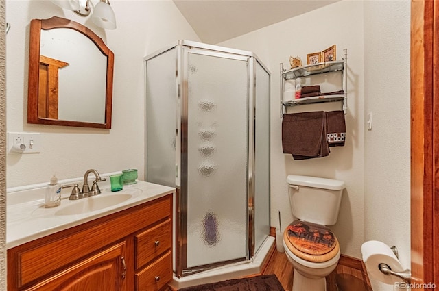 full bath with a shower stall, toilet, and vanity