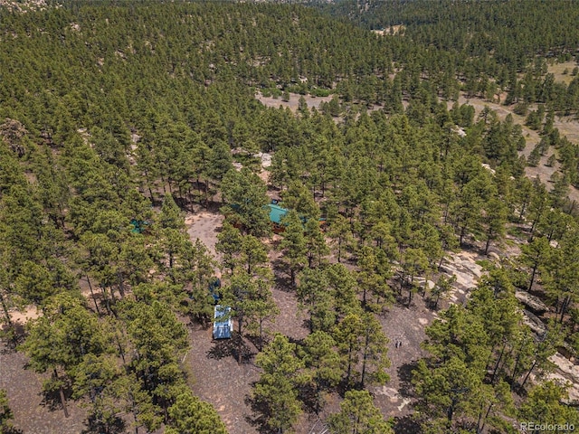 drone / aerial view featuring a view of trees