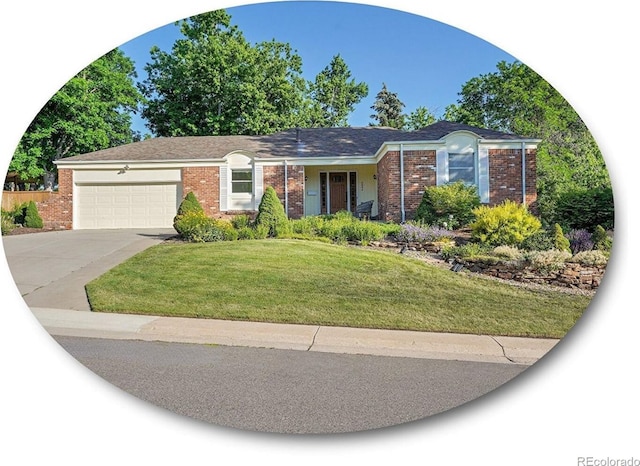 6844 S Detroit Cir, Centennial, CO 80122 - ranch-style home featuring driveway, brick siding, an attached garage, and a front lawn
