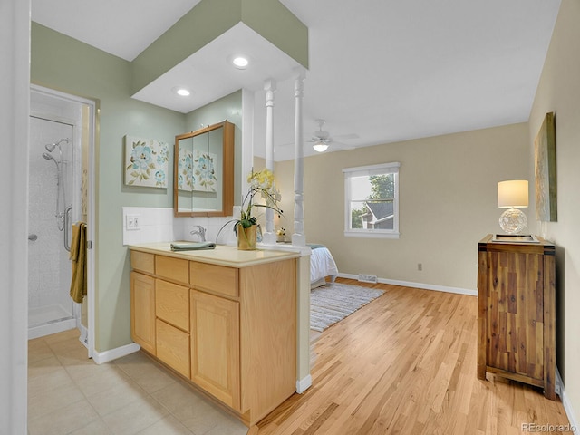 6844 S Detroit Cir, Centennial, CO 80122 - bathroom featuring vanity, a shower stall, ceiling fan, wood finished floors, and recessed lighting