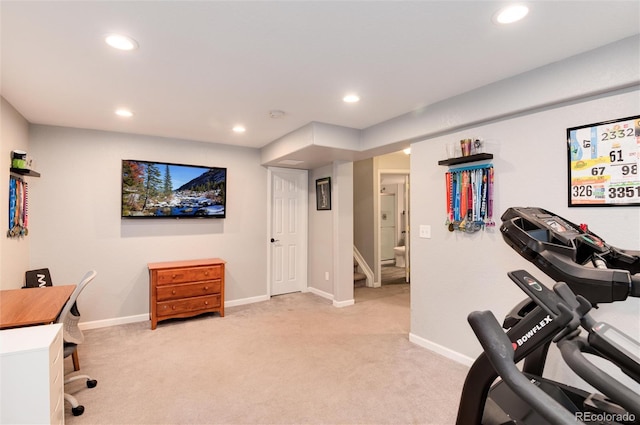office space featuring recessed lighting, light carpet, and baseboards