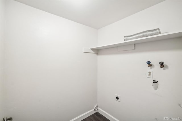 12470 E Cornell Ave Unit 104, Aurora, CO 80014 - laundry room with electric dryer hookup, dark wood-style floors, and hookup for a washing machine