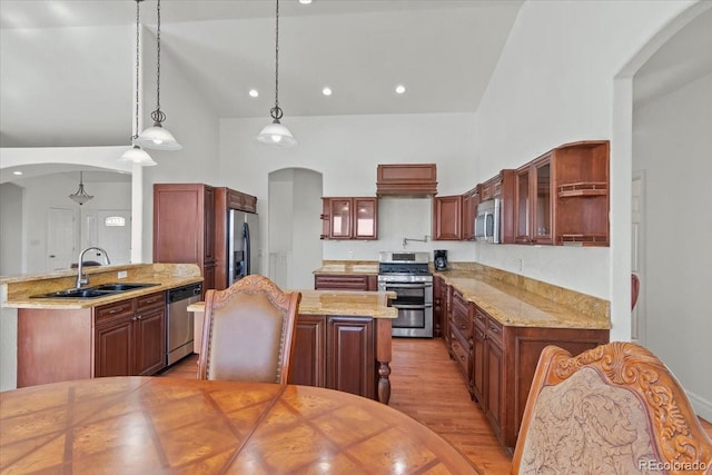 kitchen featuring stainless steel appliances, sink, decorative light fixtures, high vaulted ceiling, and a center island