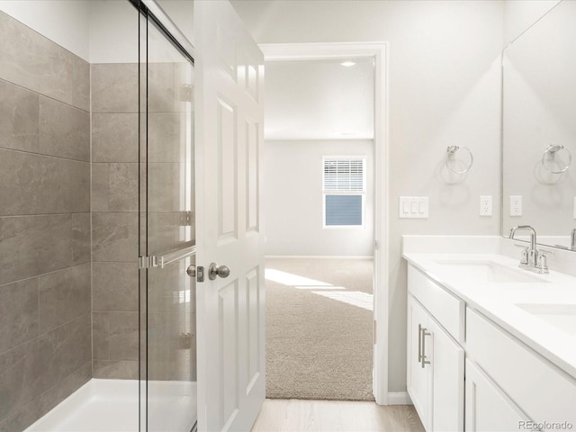 bathroom featuring vanity and a shower with door