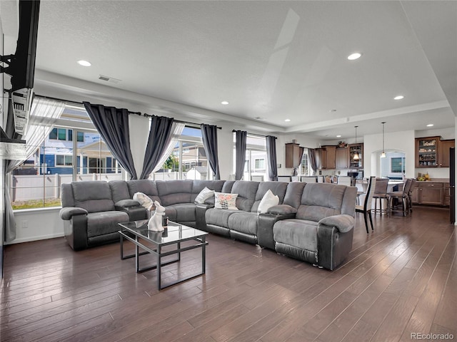 19155 Robins Dr, Denver, CO 80249 - living room with dark wood-type flooring and recessed lighting