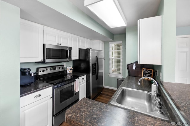 kitchen featuring white cabinets, dark hardwood / wood-style floors, sink, and stainless steel appliances