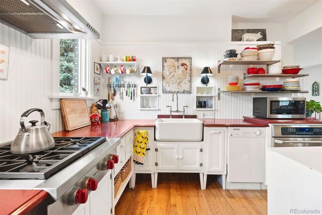 kitchen with custom range hood, a sink, white cabinets, light wood finished floors, and stainless steel appliances