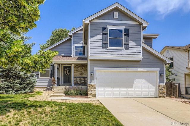 9890 Gaylord St, Thornton, CO 80229 - traditional home featuring stone siding, driveway, and a garage