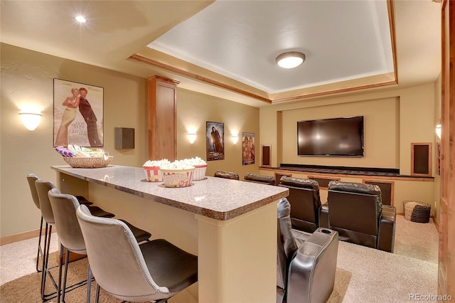 home theater room featuring a raised ceiling and light colored carpet