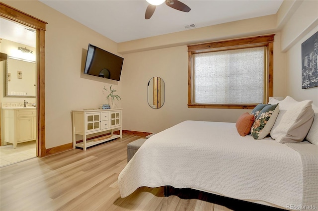 bedroom featuring ensuite bathroom, ceiling fan, and light wood-type flooring