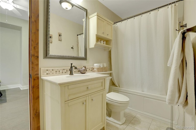 full bathroom featuring tasteful backsplash, vanity, ceiling fan, shower / bathtub combination with curtain, and tile patterned flooring