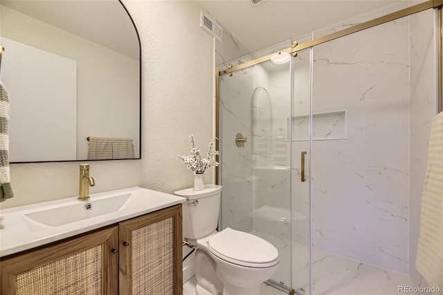 full bath with toilet, vanity, visible vents, marble finish floor, and a marble finish shower