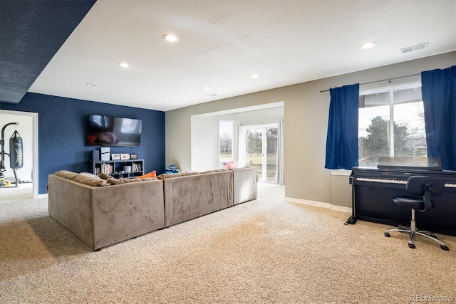 living room with light colored carpet