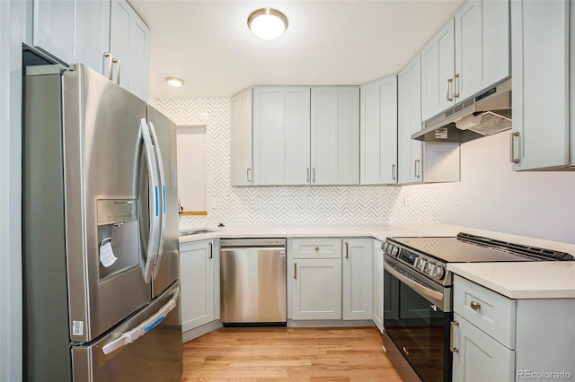 kitchen with light wood-type flooring, appliances with stainless steel finishes, under cabinet range hood, light countertops, and backsplash