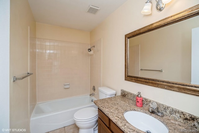 bathroom featuring washtub / shower combination, vanity, toilet, tile patterned floors, and visible vents
