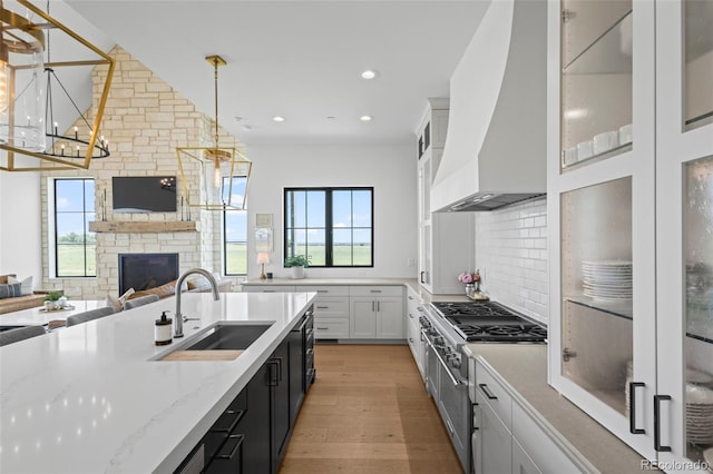 kitchen with light hardwood / wood-style floors, a fireplace, premium range hood, backsplash, and sink