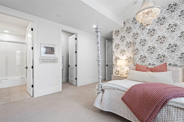 carpeted bedroom with a notable chandelier