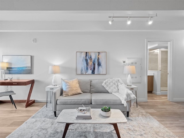 living room with light wood finished floors and baseboards