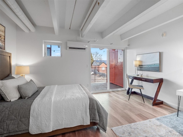 bedroom with access to exterior, an AC wall unit, multiple windows, and beamed ceiling