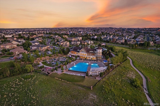 view of aerial view at dusk