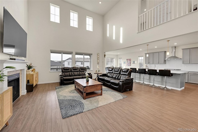 living room with a high ceiling, light hardwood / wood-style flooring, and a fireplace