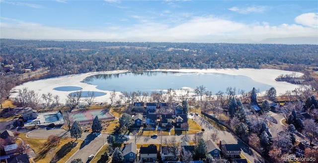 drone / aerial view featuring a water view