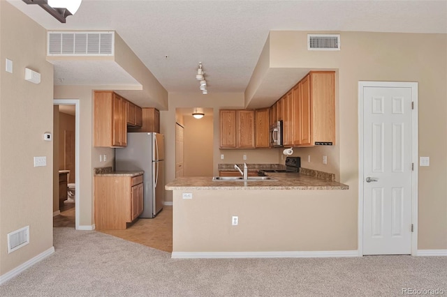 kitchen featuring light colored carpet, appliances with stainless steel finishes, a sink, a peninsula, and baseboards