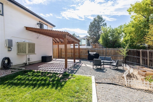 view of yard with an outdoor hangout area, a patio area, and a pergola