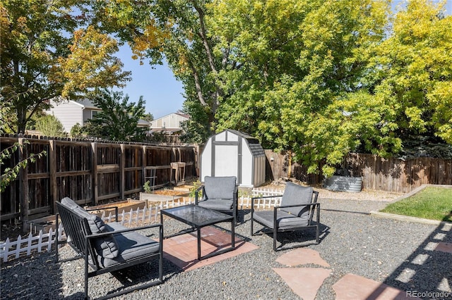 view of patio with a storage shed